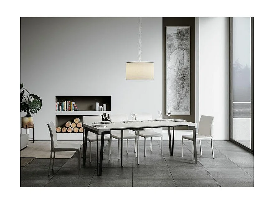 Console extensible design bois et acier anthracite Konta-Couleur Blanc-4 pieds-3 rallonges fines