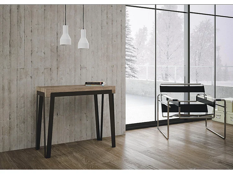 Console extensible design bois et acier anthracite Konta-Couleur Blanc-4 pieds-3 rallonges fines