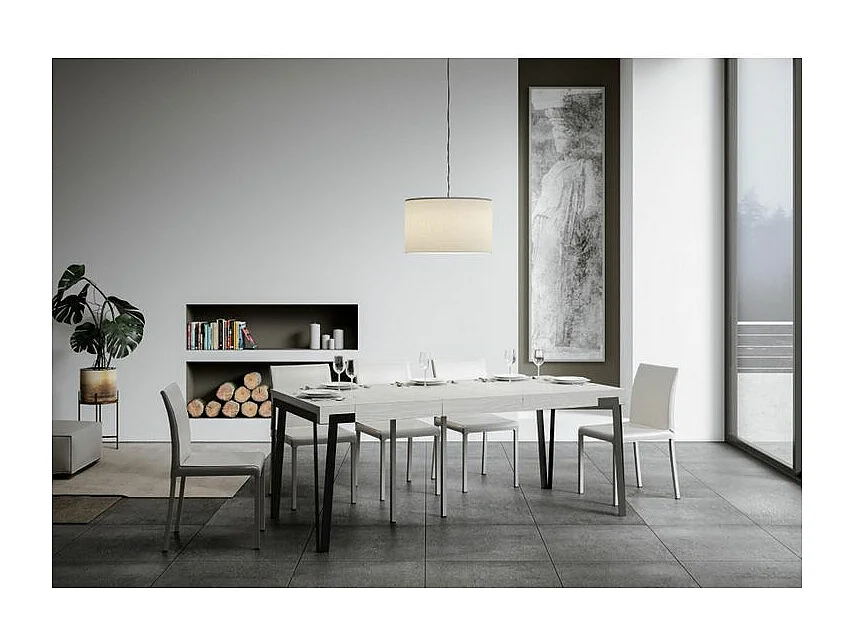 Console extensible design bois et acier anthracite Konta-Couleur Blanc-4 pieds-3 rallonges épaisses