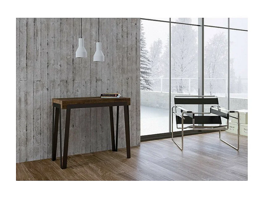 Konta uitschuifbare console design in hout en antraciet staal 90x40/196 of 90x40/300 cm-Kleur Bruin-Steun 2 voet-Verlengsnoeren 5 dikke extensies