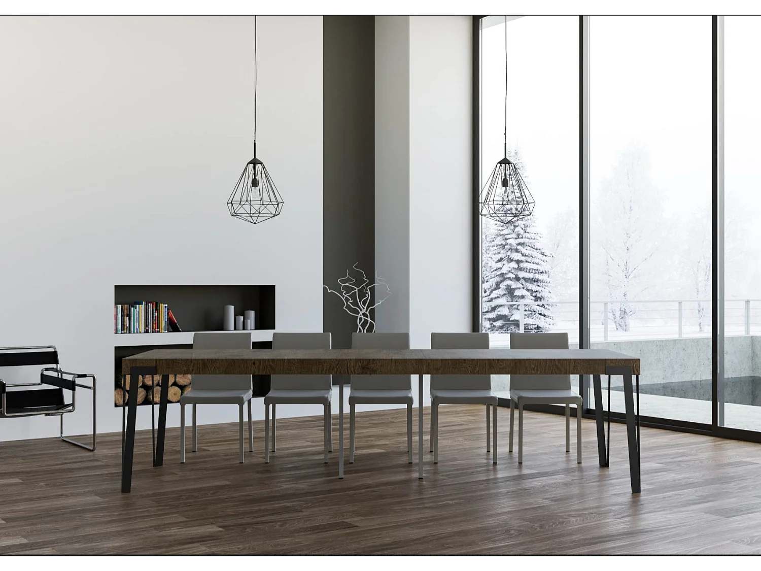 Konta uitschuifbare console design in hout en antraciet staal 90x40/196 of 90x40/300 cm-Kleur Bruin-Steun 2 voet-Verlengsnoeren 5 dikke extensies