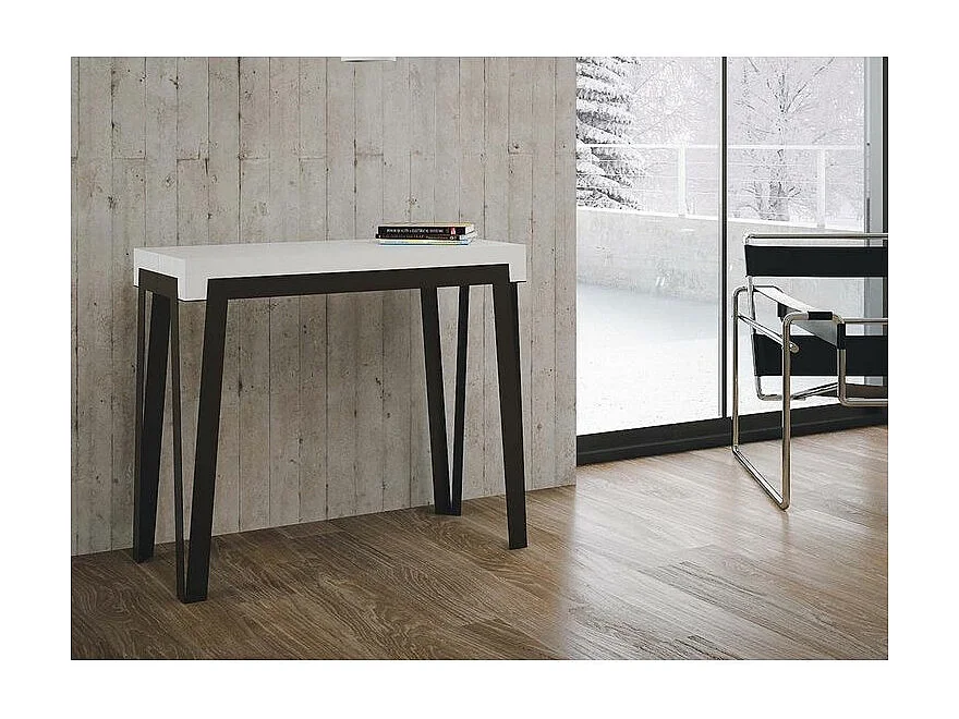 Console extensible design bois et acier anthracite Konta-Couleur Blanc-2 pieds-5 rallonges épaisses