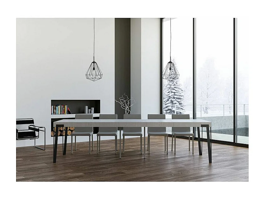 Console extensible design bois et acier anthracite Konta-Couleur Blanc-2 pieds-5 rallonges épaisses