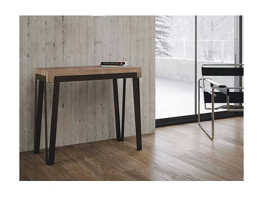 Konta uitschuifbare console design in hout en antraciet staal 90x40/196 of 90x40/300 cm-Kleur Natuurlijk-Steun 4 voet-Verlengsnoeren 5 dunne verlengingen