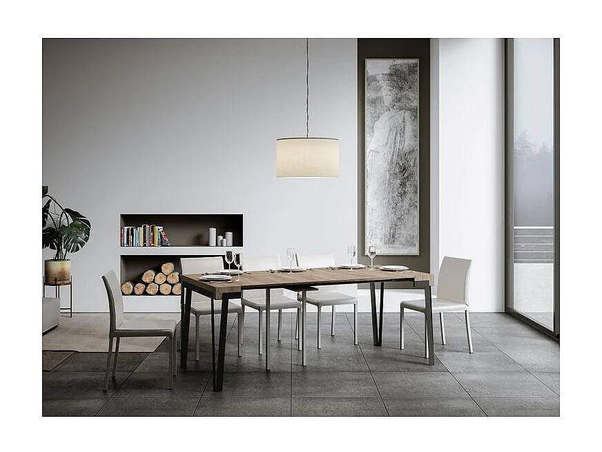 Konta uitschuifbare console design in hout en antraciet staal 90x40/196 of 90x40/300 cm-Kleur Natuurlijk-Steun 4 voet-Verlengsnoeren 5 dunne verlengingen