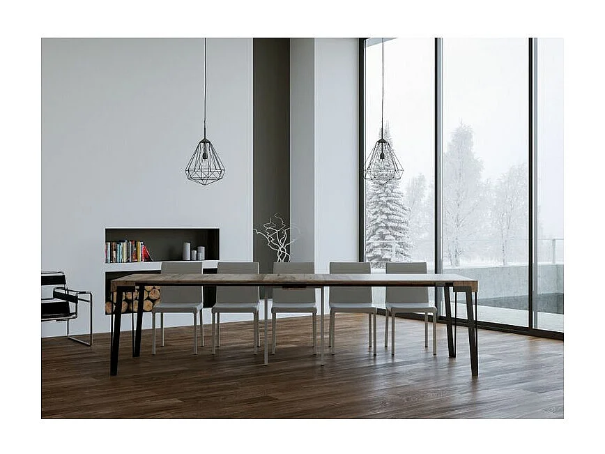 Konta uitschuifbare console design in hout en antraciet staal 90x40/196 of 90x40/300 cm-Kleur Natuurlijk-Steun 4 voet-Verlengsnoeren 5 dunne verlengingen