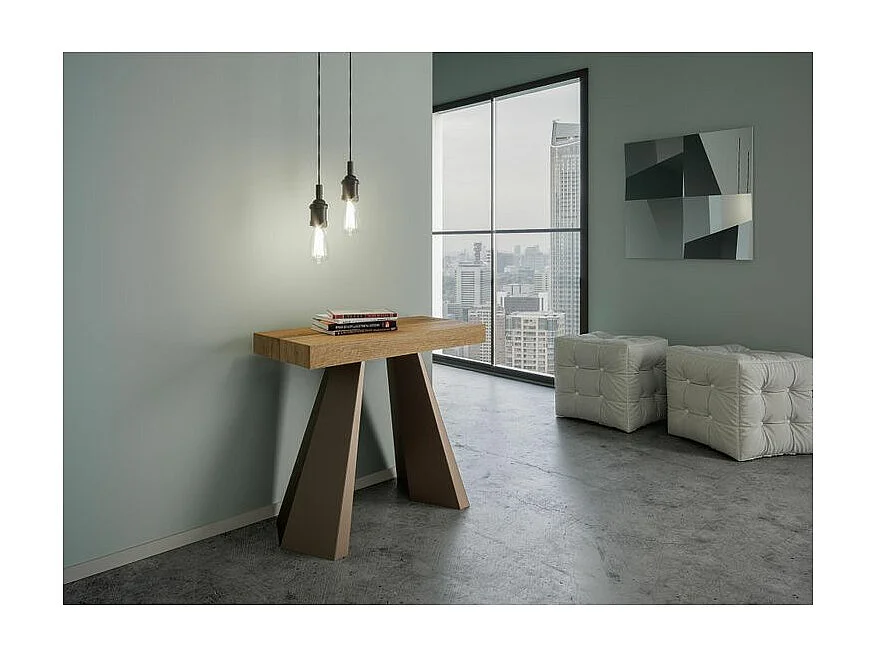 Diva design uitschuifbare console in hout en bruin staal 90x40/196 of 90x40/300 cm-Kleur Natuurlijk-Verlengsnoeren 5 dikke extensies