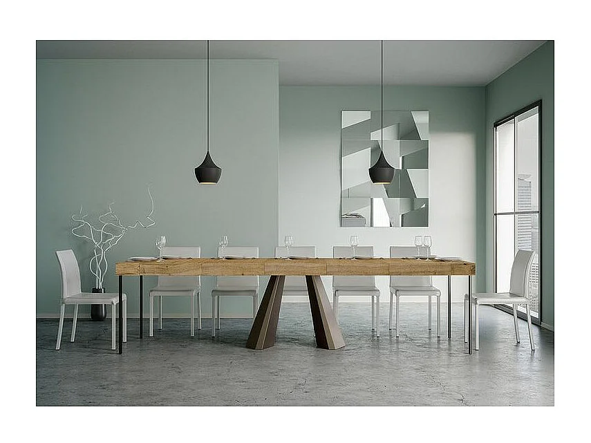 Diva design uitschuifbare console in hout en bruin staal 90x40/196 of 90x40/300 cm-Kleur Natuurlijk-Verlengsnoeren 5 dikke extensies