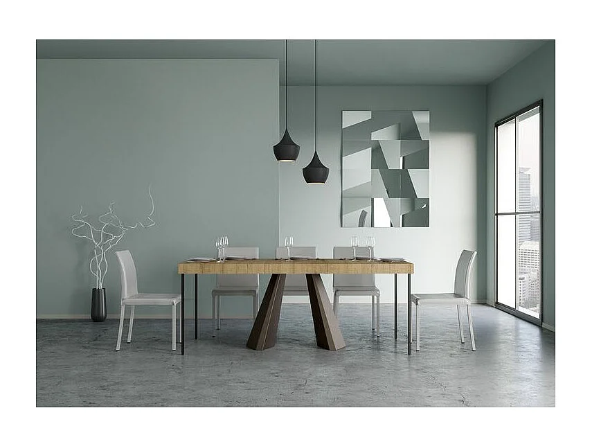 Diva design uitschuifbare console in hout en bruin staal 90x40/196 of 90x40/300 cm-Kleur Natuurlijk-Verlengsnoeren 5 dikke extensies