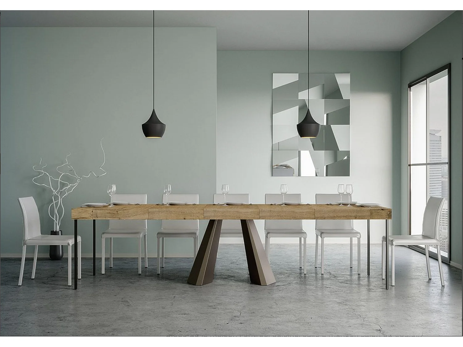 Diva design uitschuifbare console in hout en bruin staal 90x40/196 of 90x40/300 cm-Kleur Natuurlijk-Verlengsnoeren 5 dikke extensies