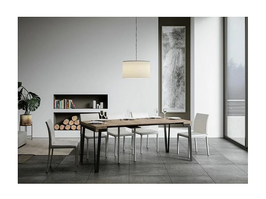 Konta uitschuifbare console design in hout en antraciet staal 90x40/196 of 90x40/300 cm-Kleur Natuurlijk-Steun 4 voet-Verlengsnoeren 3 dunne verlengingen