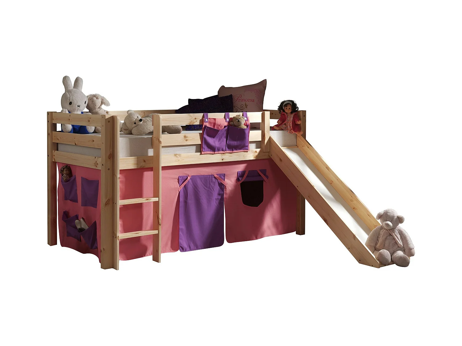 Lit Enfant Avec Toboggan "Pino Rose" 90x200cm Naturel