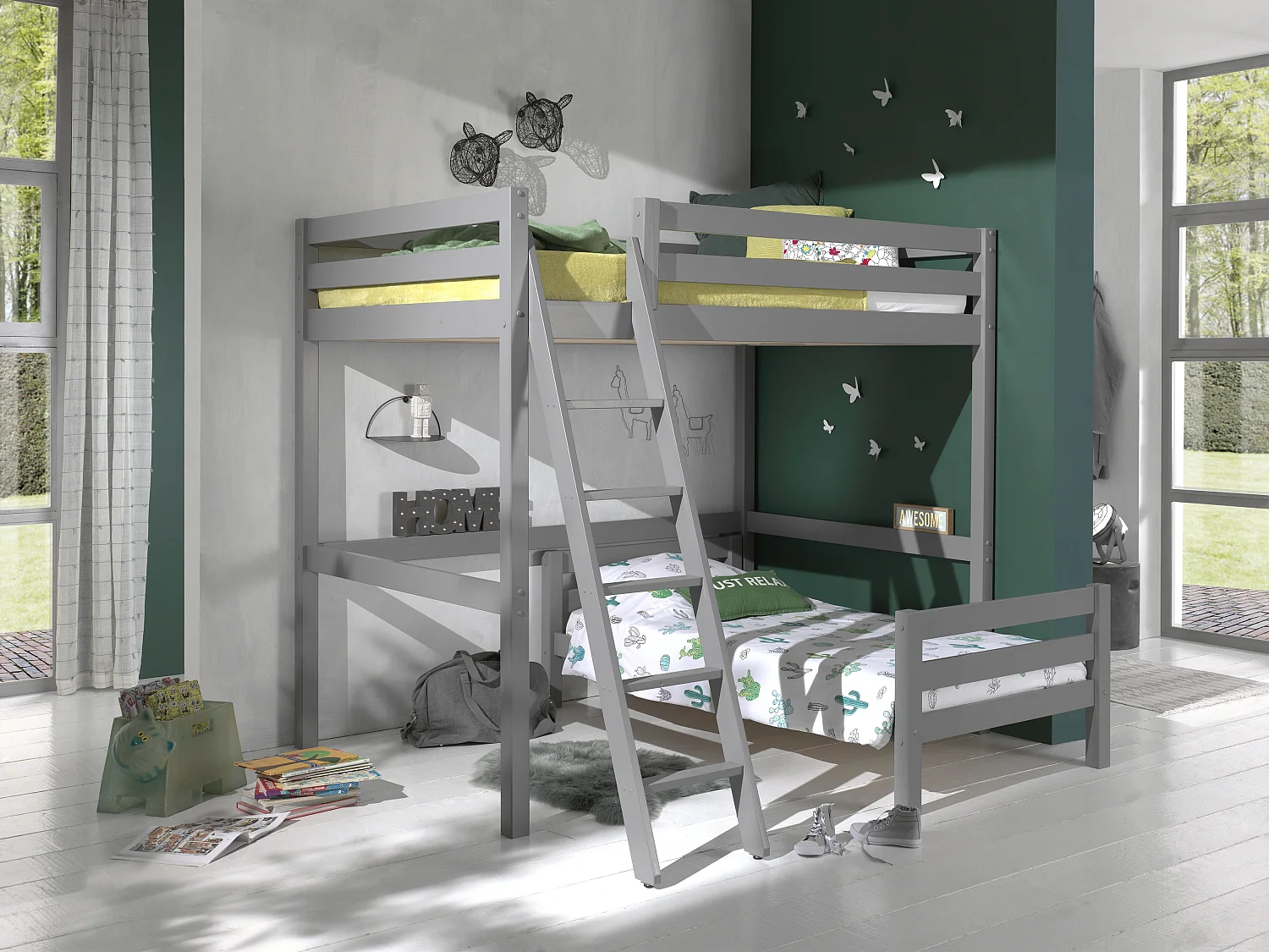 Pack - Lit Mezzanine Enfant & Lit Simple "Pino" Gris