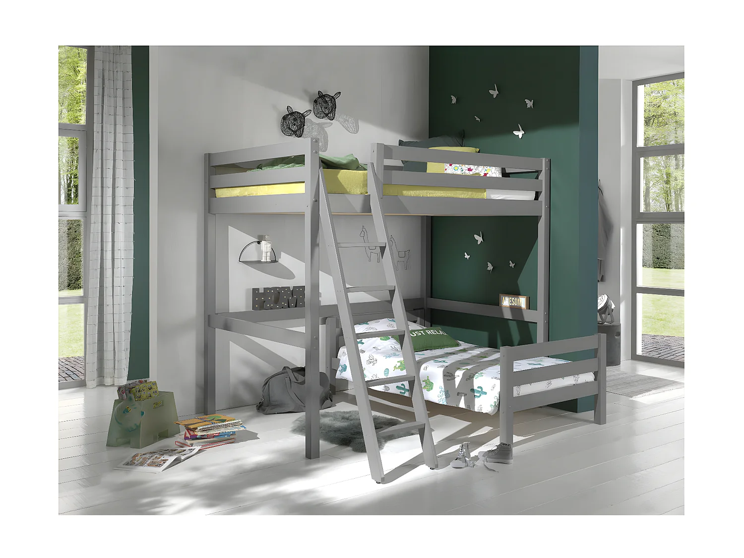 Pack - Lit Mezzanine Enfant & Lit Simple "Pino" Gris
