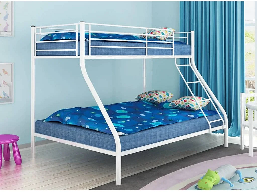 Lit superposé 3 places 2+1 métal sommier inclus 90 et 140x190 Vito-Couleur Blanc
