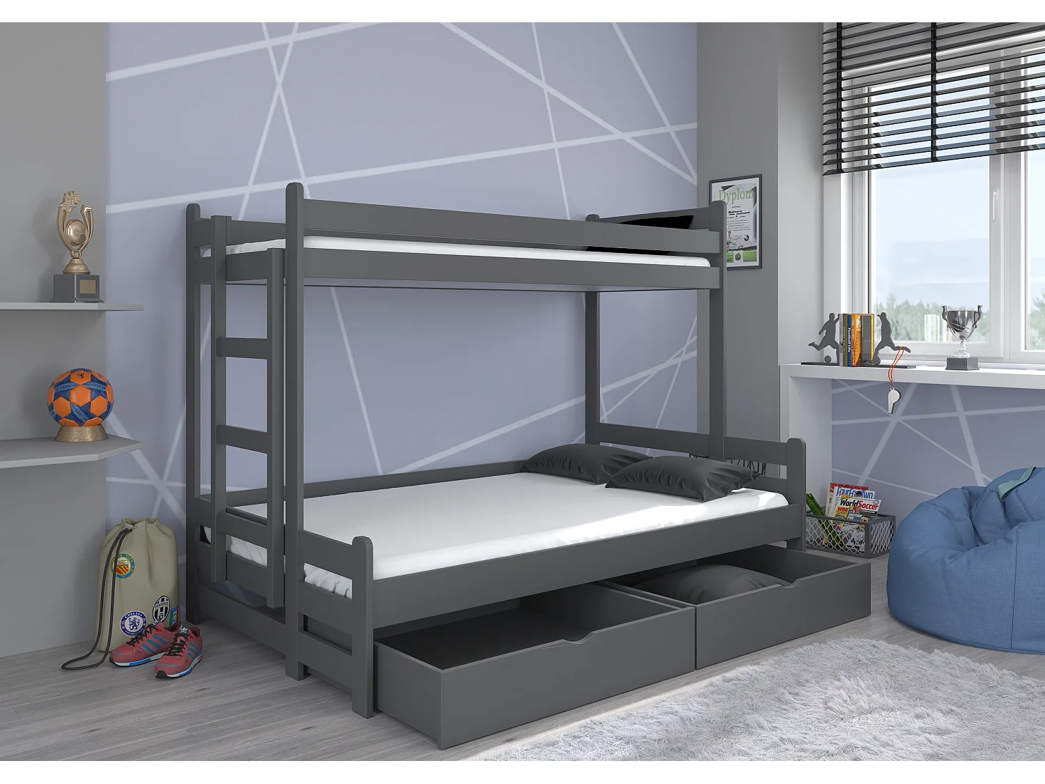 Lit superposé gris graphite 2 couchages 90x200 et 120x200 avec rangement Adova