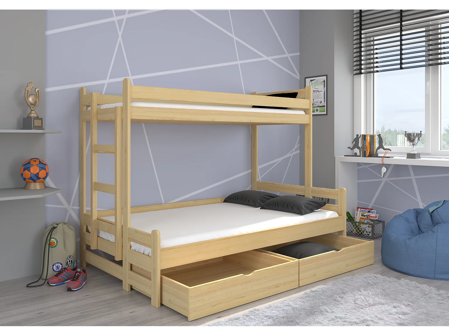 Stapelbed naturel grenenhout 2 bedden 90x200 en 120x200 cm met opbergruimte Adova