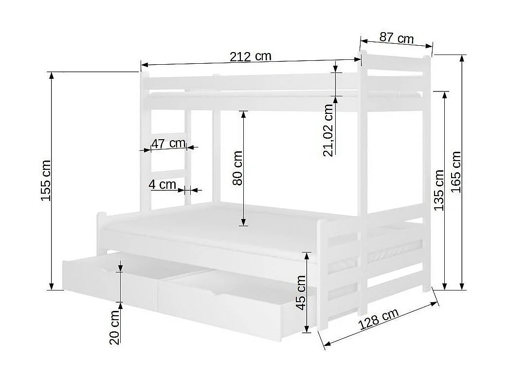 Stapelbed naturel grenenhout 2 bedden 90x200 en 120x200 cm met opbergruimte Adova