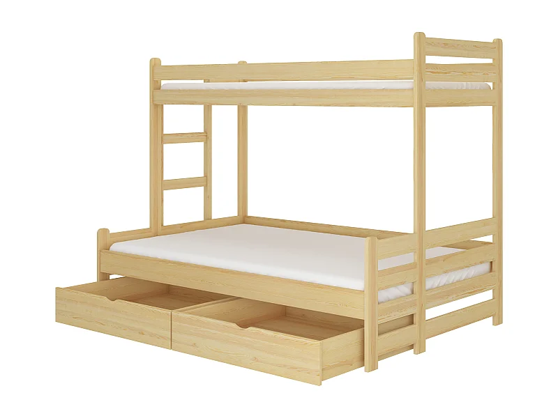 Lit superposé bois pin naturel 2 couchages 90x200 et 120x200 avec rangement Adova