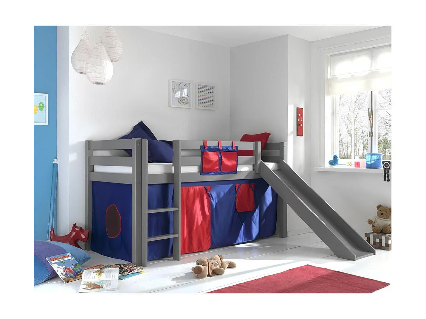 Pack - Lit Enfant Toboggan & Tente "Pino Rouge" Gris