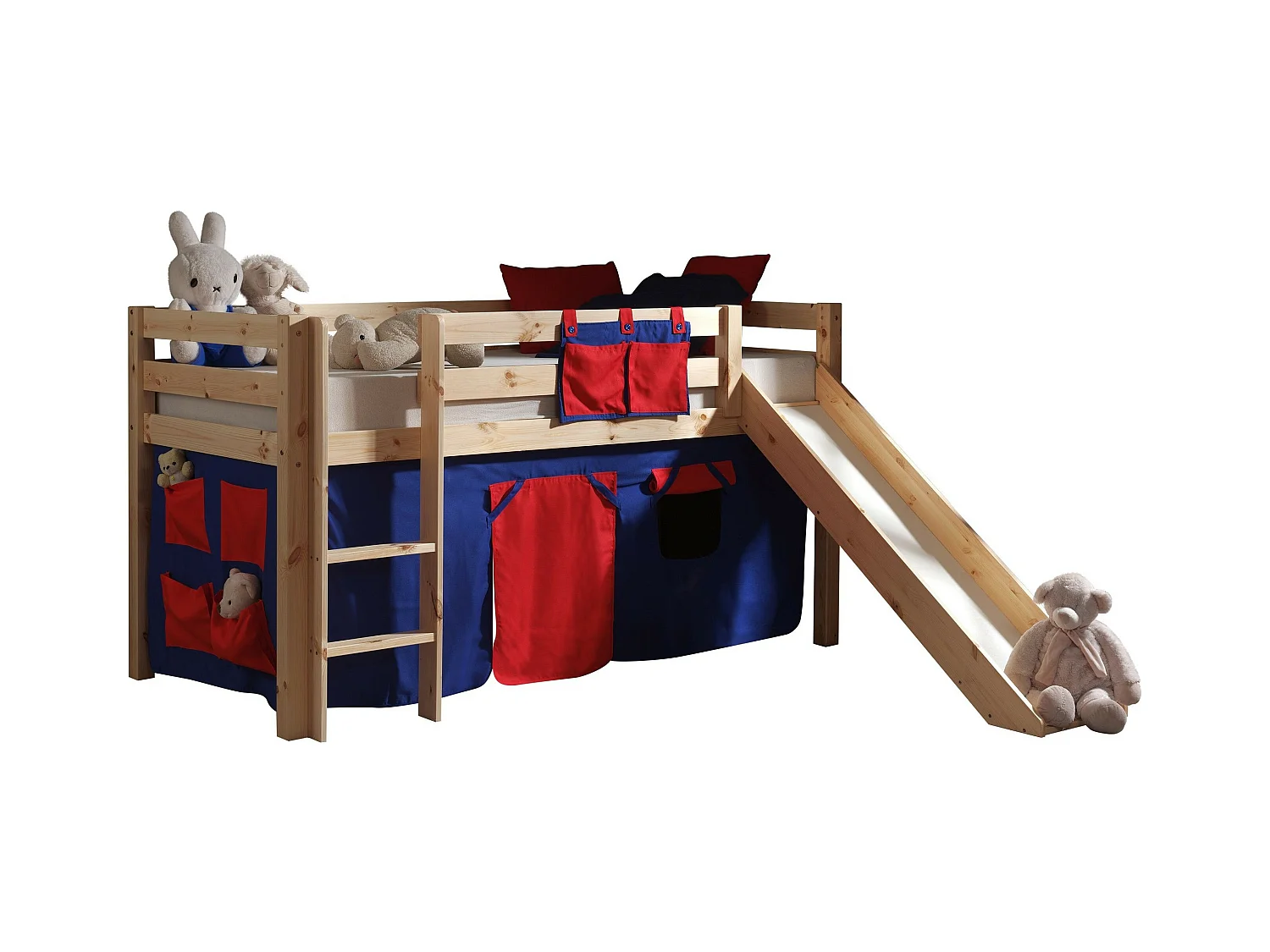 Lit Enfant Avec Toboggan "Pino Rouge" 90x200cm Naturel
