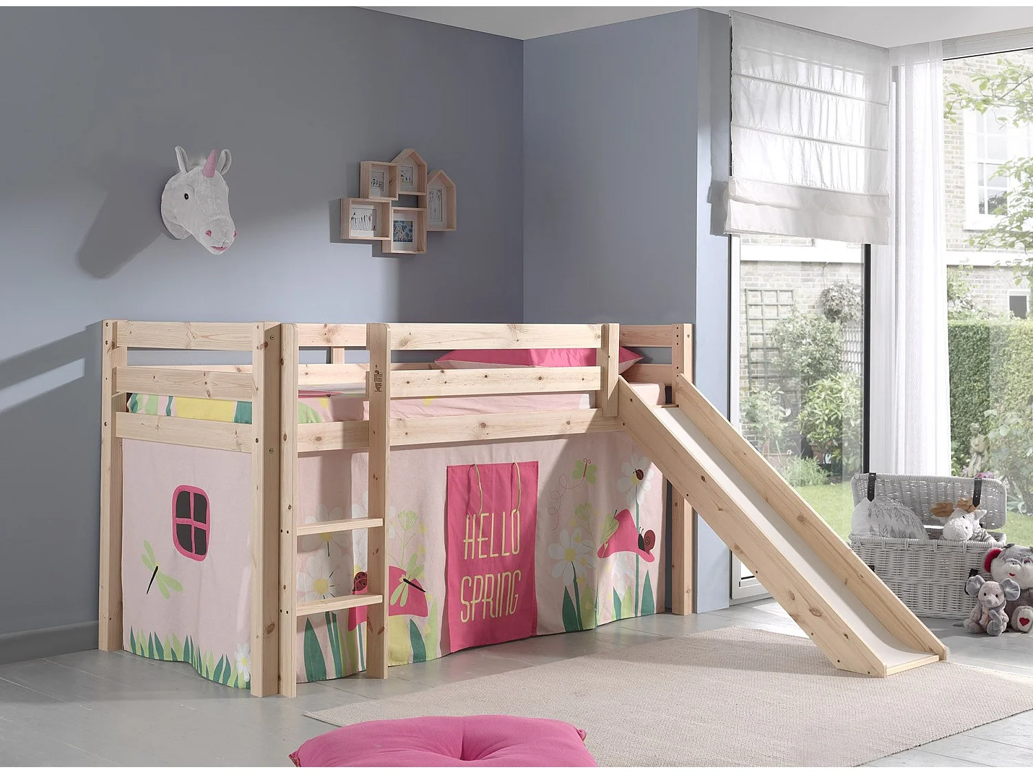 Lit Enfant Avec Toboggan "Pino Spring" 90x200cm Naturel