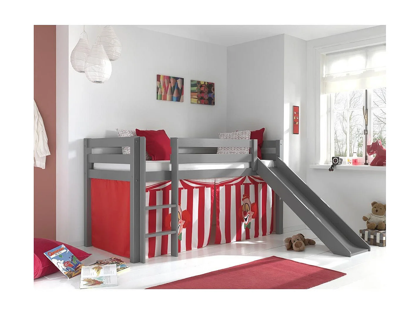 Cama Slide 90x200 cm con tienda payaso pino macizo gris Pino