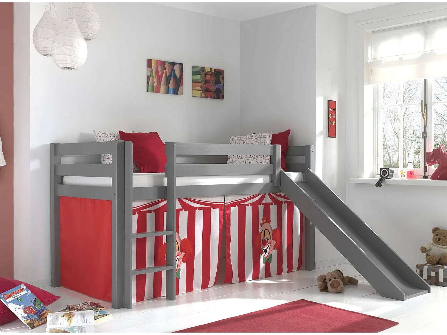 Cama Slide 90x200 cm con tienda payaso pino macizo gris Pino