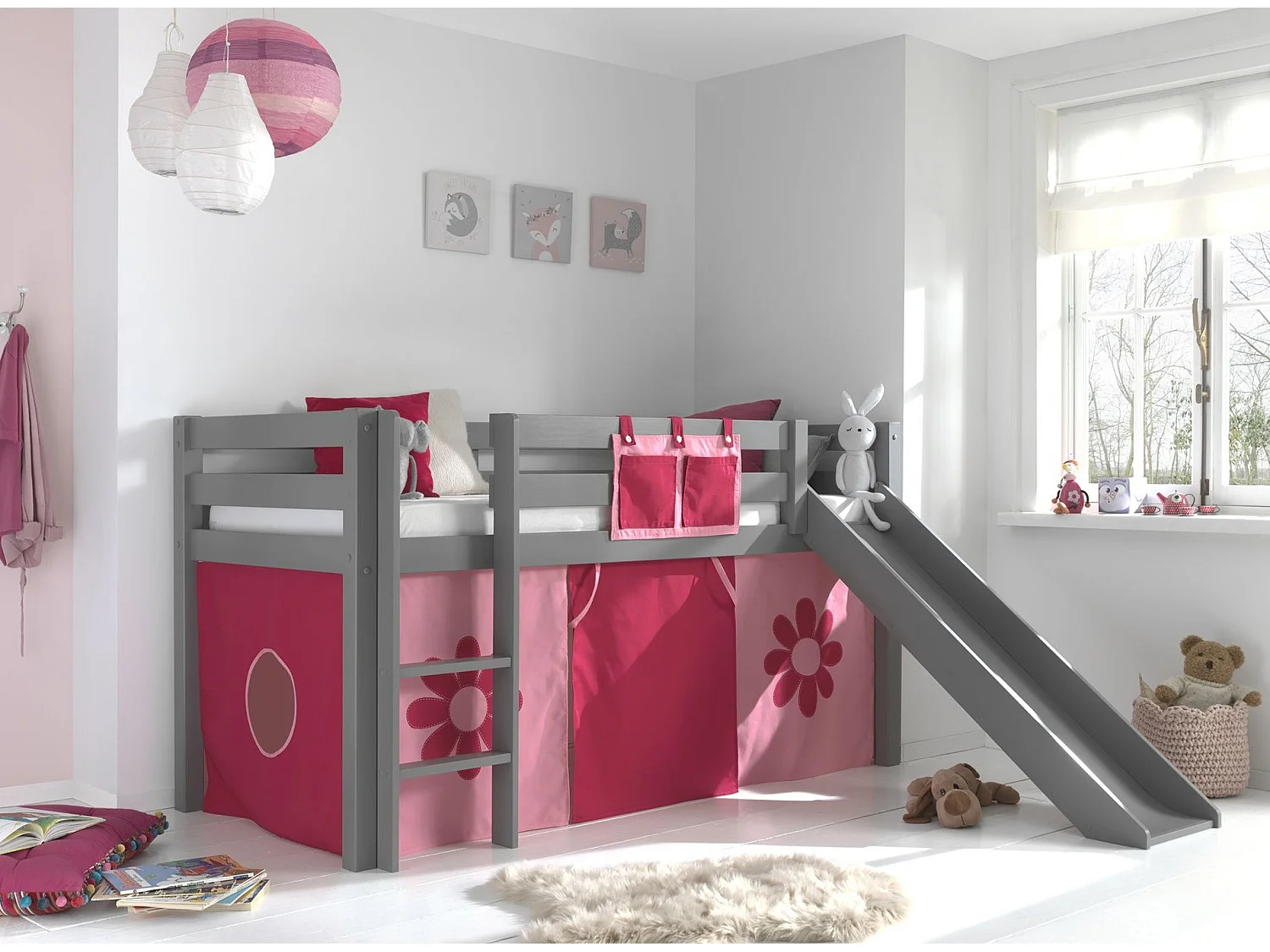 Cama Slide 90x200 cm con tienda de flores de pino macizo gris Pino