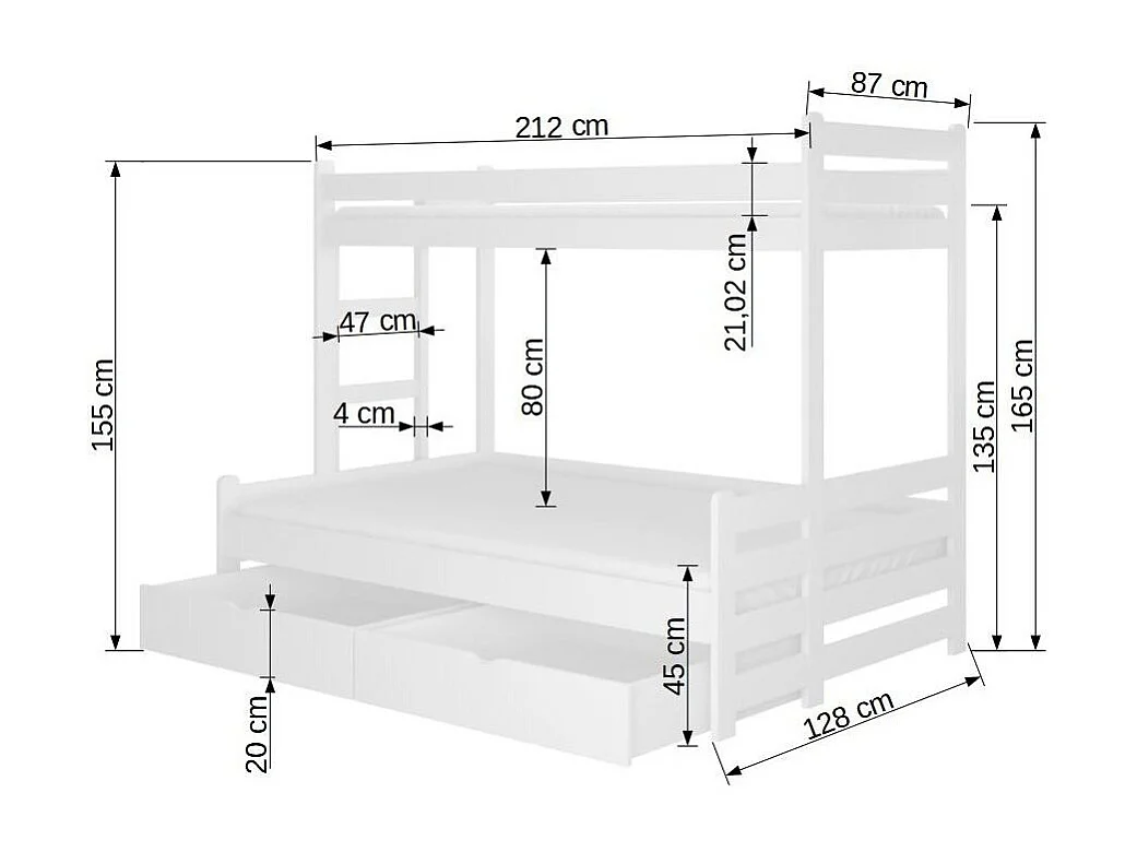 Wit stapelbed voor 2 personen 90x200 en 120x200 cm met opberger Adova