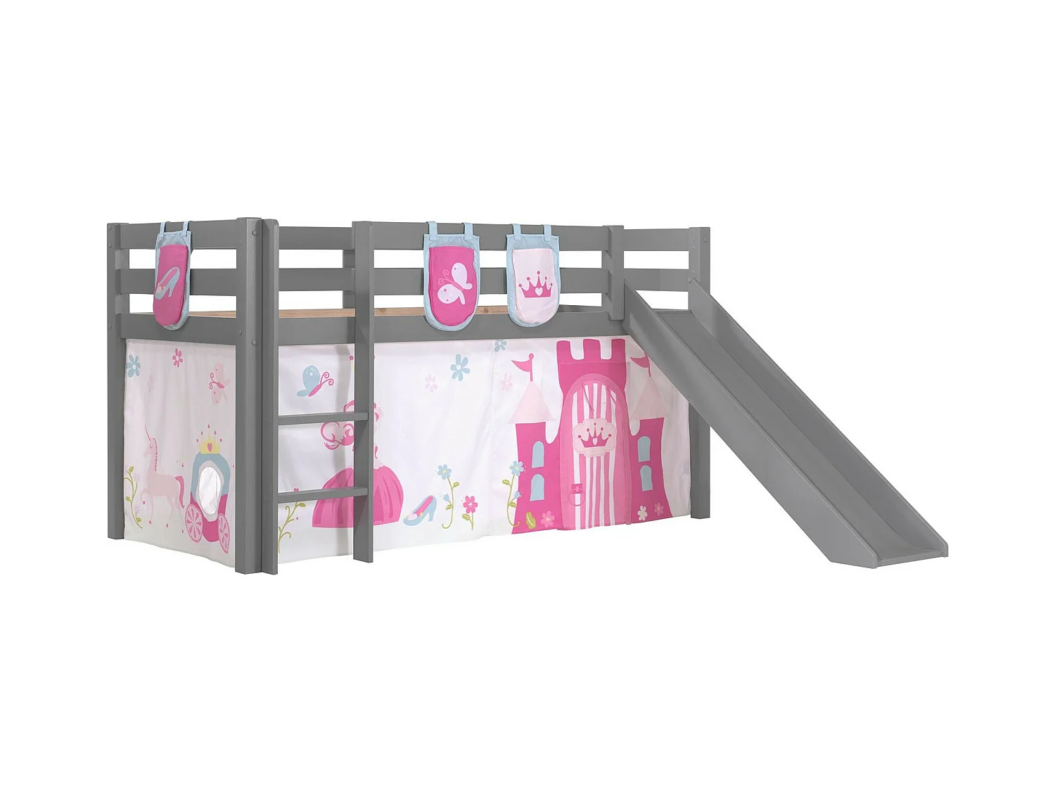 Pack - Lit Enfant Toboggan, Tente & 3 Pochettes "Pino Princesse" Gris