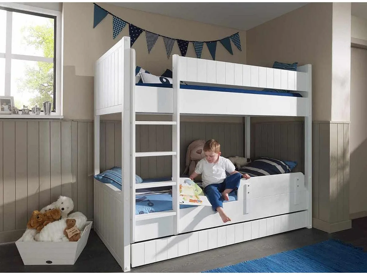 Pack - Lit Superposé Enfant, Tiroir & Barrière "Robin" Blanc