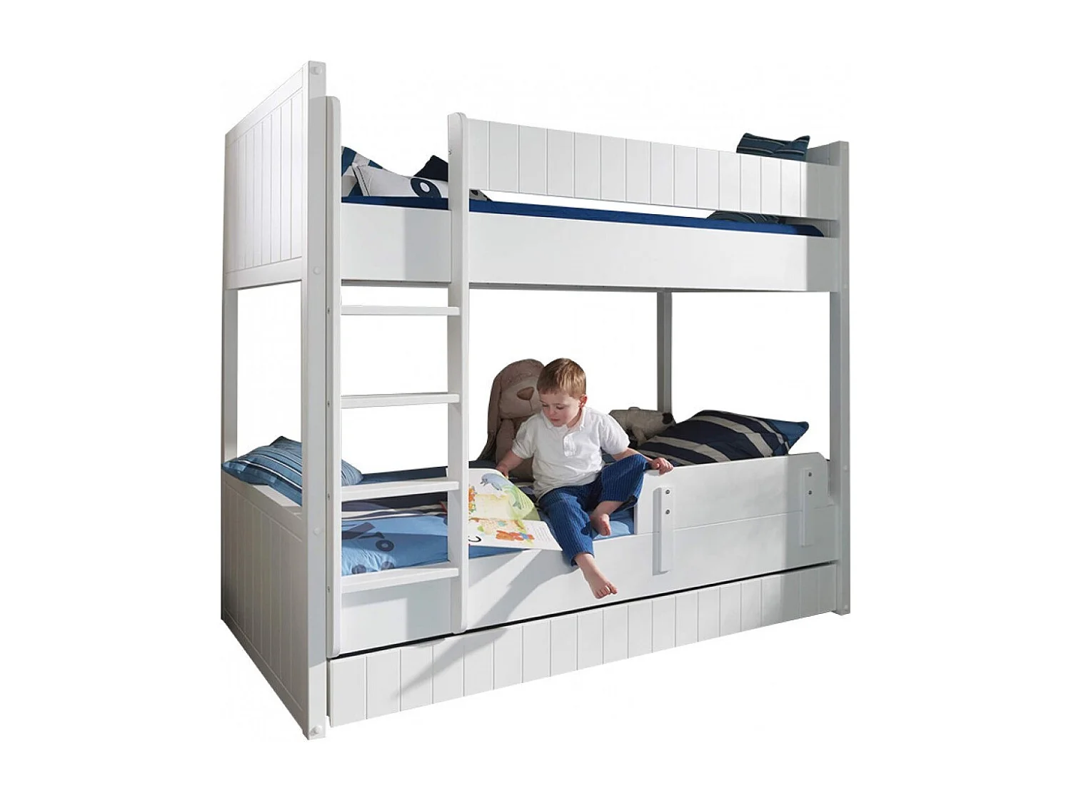 Pack - Lit Superposé Enfant, Tiroir & Barrière "Robin" Blanc