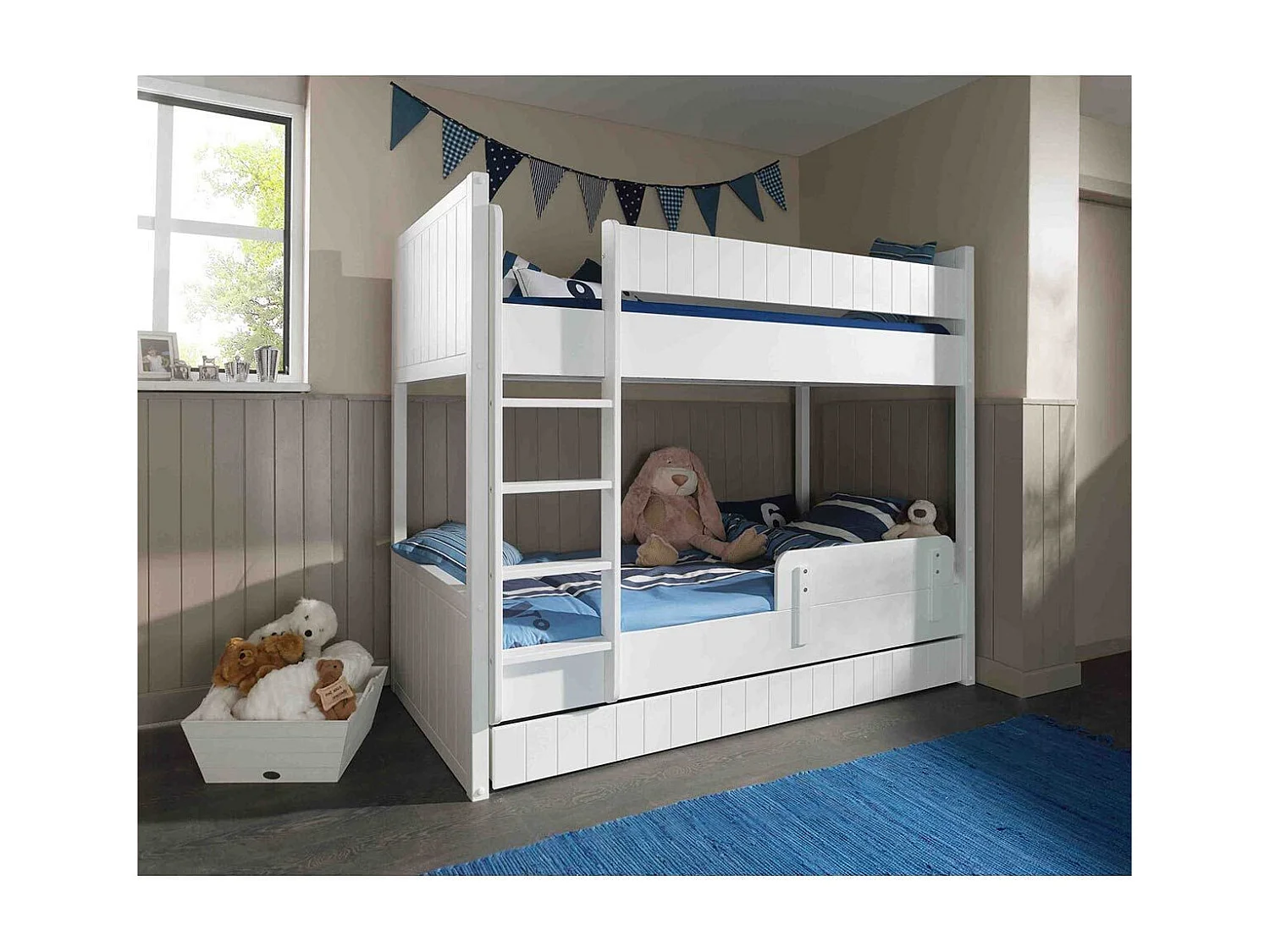 Pack - Lit Superposé Enfant, Tiroir & Barrière "Robin" Blanc