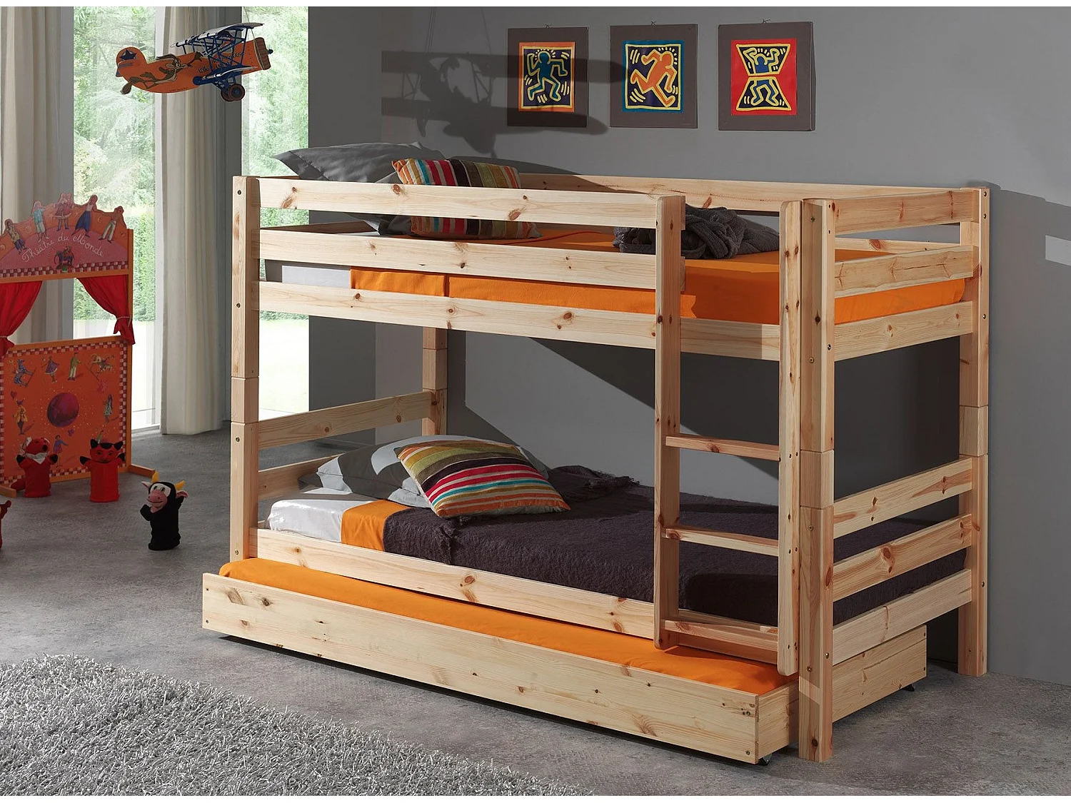 Lit Enfant Superposé & Tiroir de Lit "Pino" 90x190cm Naturel