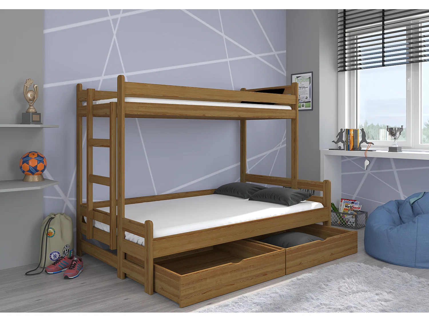 Eikenhouten stapelbed voor 2 personen 90x200 en 120x200 cm met opberger Adova