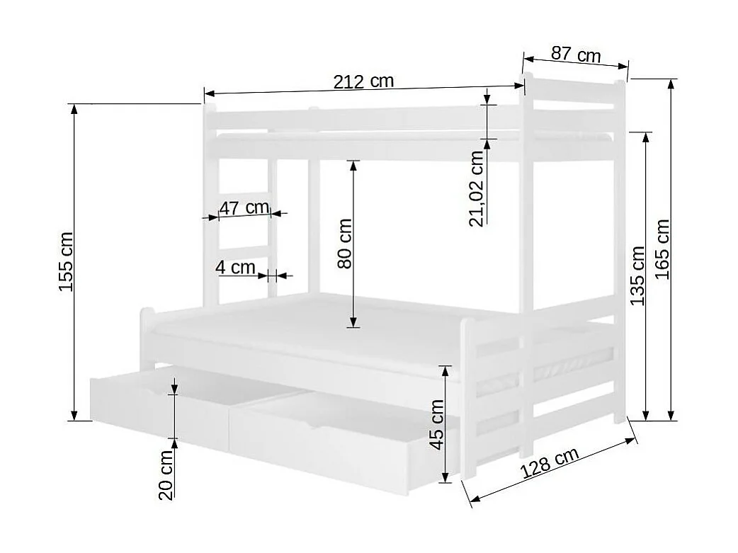Eikenhouten stapelbed voor 2 personen 90x200 en 120x200 cm met opberger Adova