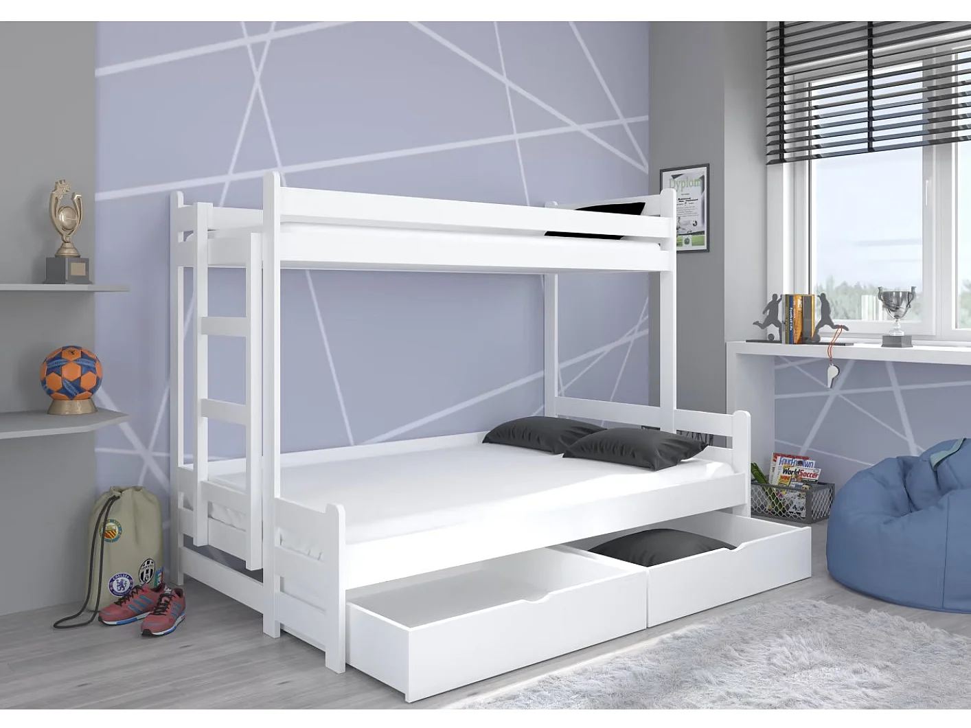 Eikenhouten stapelbed voor 2 personen 90x200 en 120x200 cm met opberger Adova