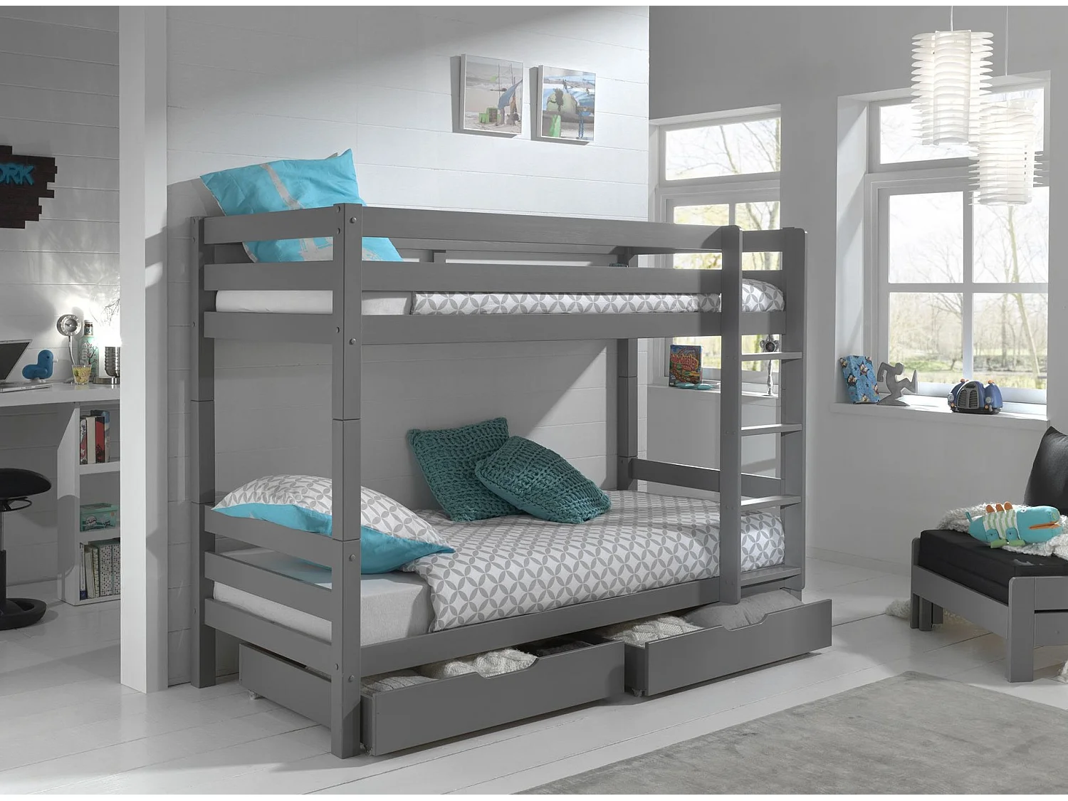 Pack - Lit Superposé Enfant & 2 Tiroirs "Pino II" Gris