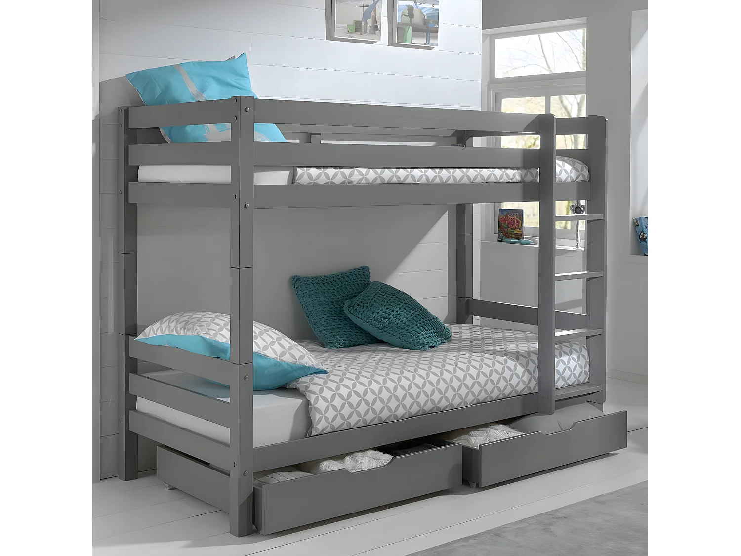 Pack - Lit Superposé Enfant & 2 Tiroirs "Pino II" Gris