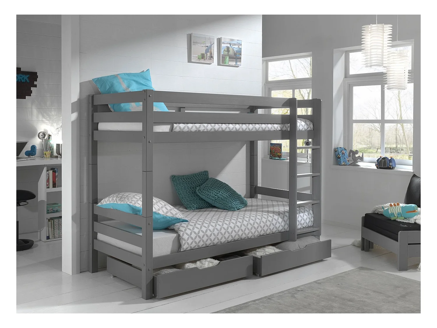 Pack - Lit Superposé Enfant & 2 Tiroirs "Pino II" Gris