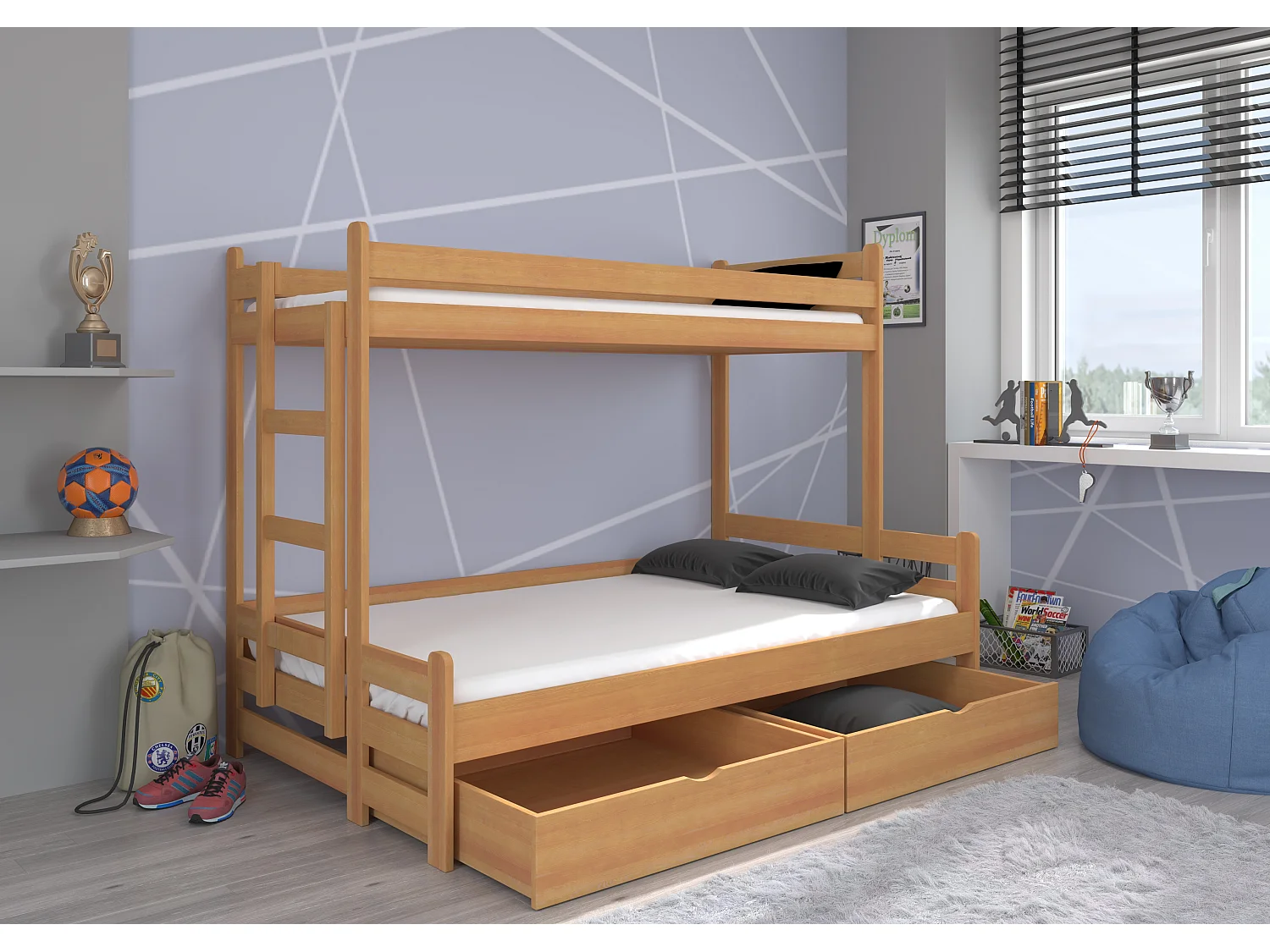 Honing grenen houten stapelbed 2 bedden 90x200 en 120x200 cm met opbergruimte Adova