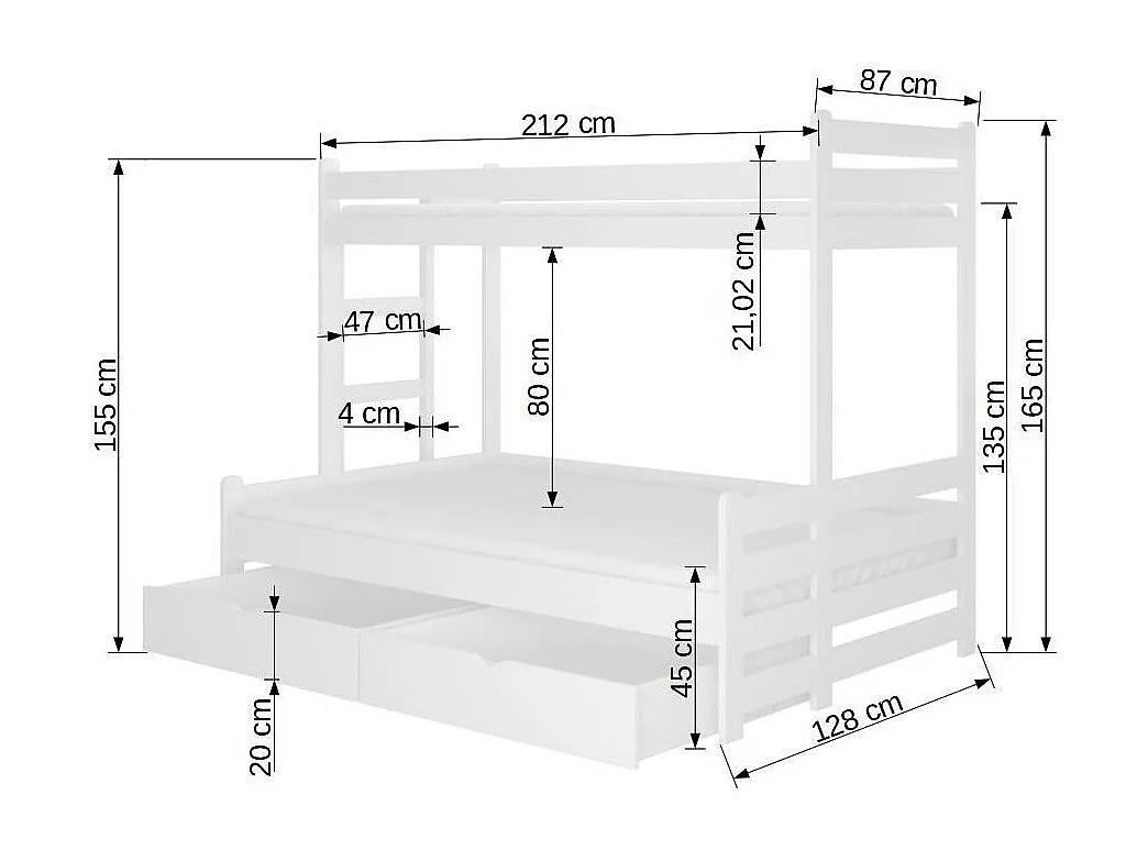 Honing grenen houten stapelbed 2 bedden 90x200 en 120x200 cm met opbergruimte Adova