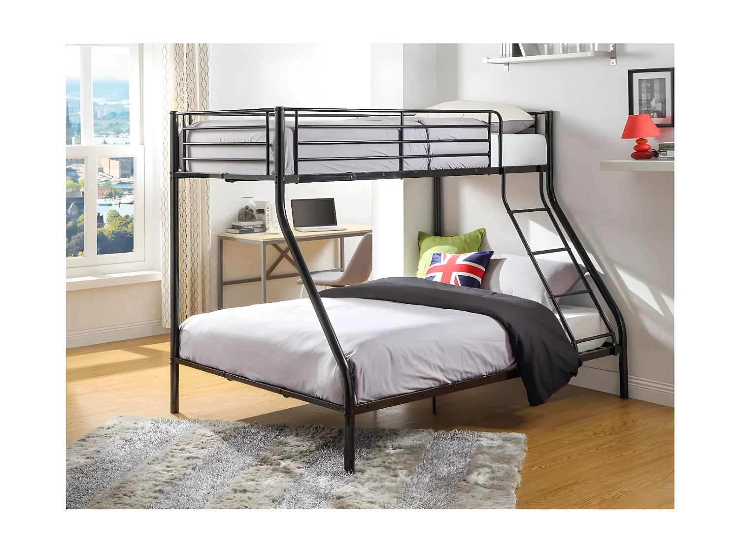 Lit superposé 3 places 2+1 métal sommier inclus 90 et 140x190 Vito-Couleur Noir