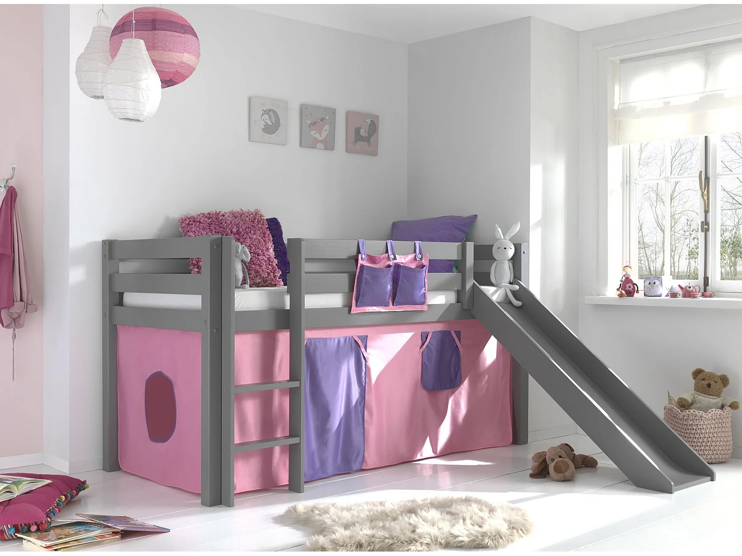 Pack - Lit Enfant Toboggan & Tente "Pino Rose" Gris