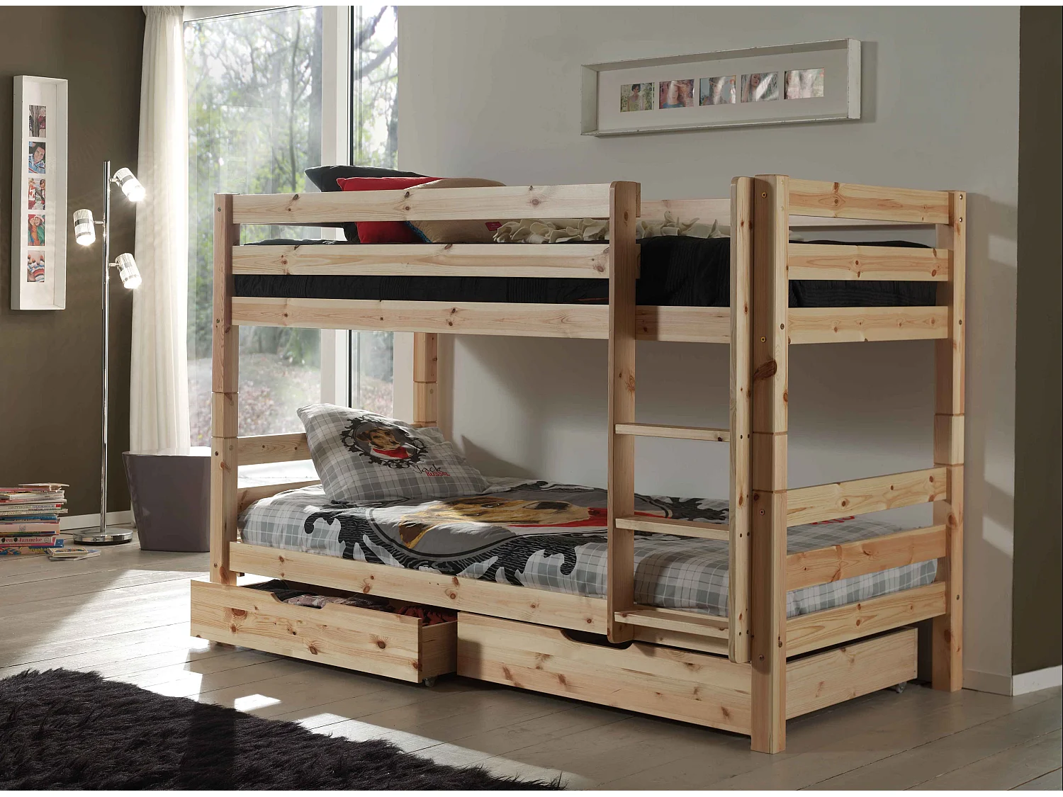 Litera 90x200 cm con 2 cajones pino macizo claro Pino Al. 140 cm