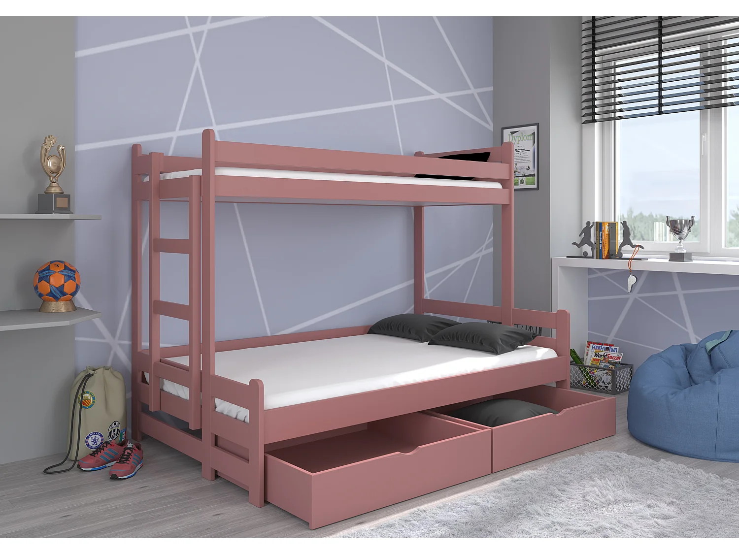 Roze stapelbed voor 2 personen 90x200 en 120x200 cm met opberger Adova