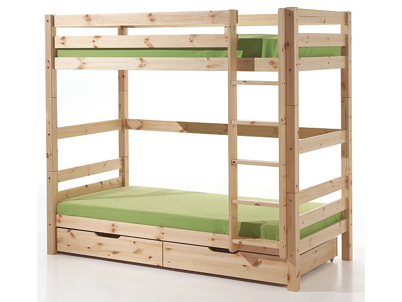 Lit Superposé Haut & 2 Tiroirs de Lit Enfant "Pino" 90x200cm Naturel