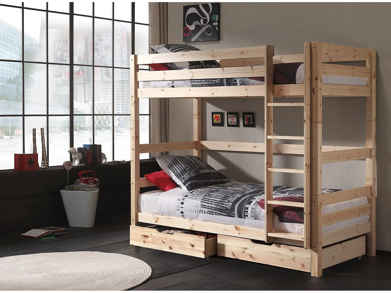 Litera 90x200 cm con 2 cajones pino macizo claro Pino Al. 180 cm