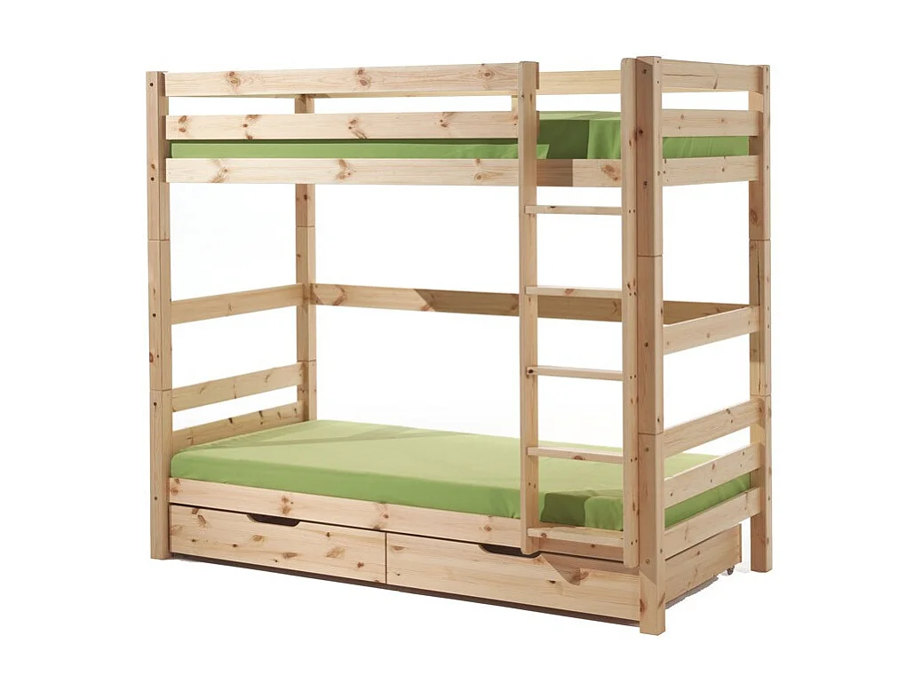 Lit Superposé Haut & 2 Tiroirs de Lit Enfant "Pino" 90x200cm Naturel